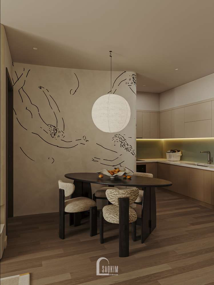 Từ bàn ăn oval, ghế bọc vải đến hệ tủ bếp tối giản, mọi chi tiết trong thiết kế chung cư 2 ngủ The Beverly đều hướng đến một không gian sống nhẹ nhàng và tiện nghi.

